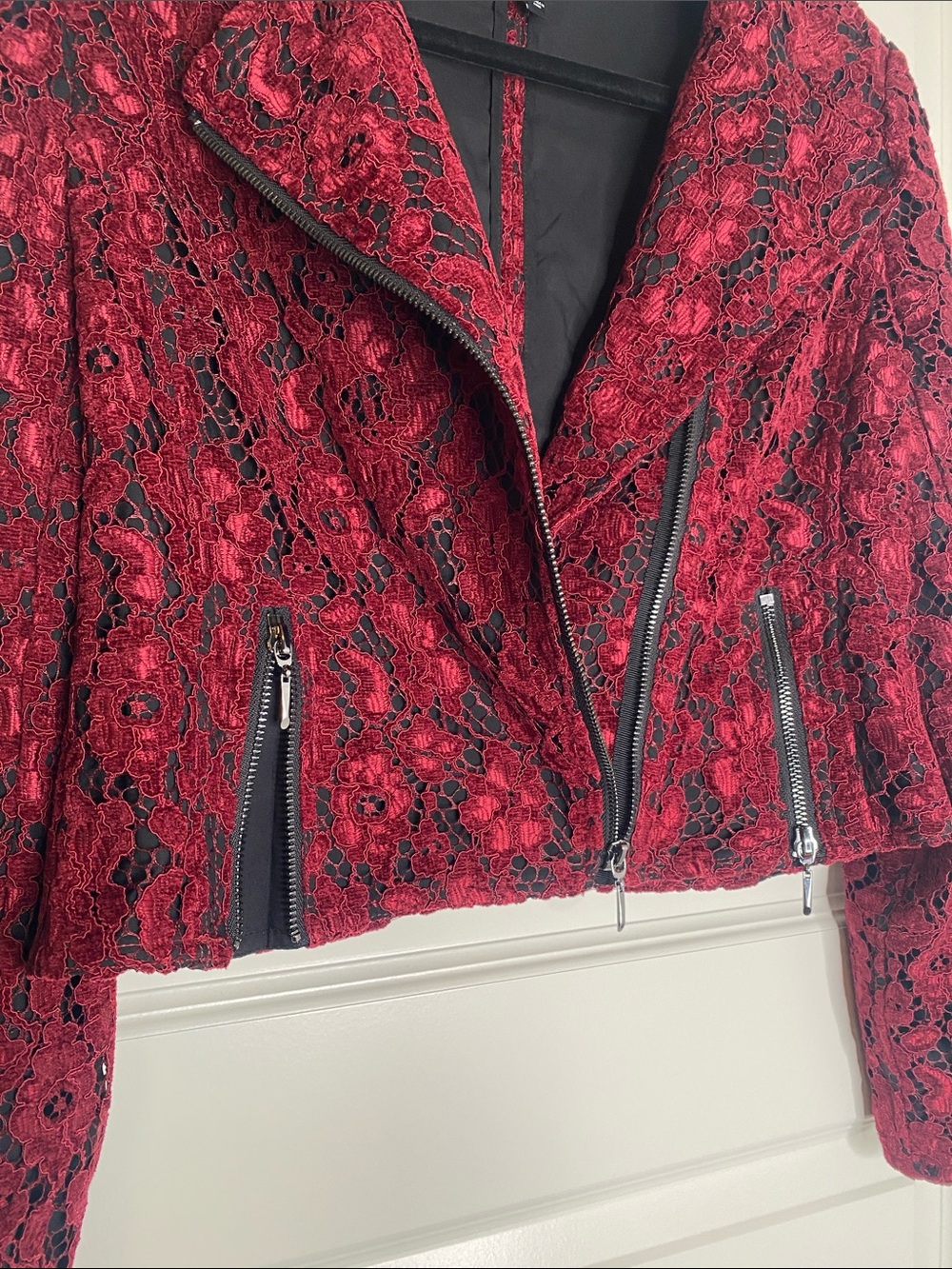 White House Black Market Red Lace Moto Jacket - Picture 3 of 5